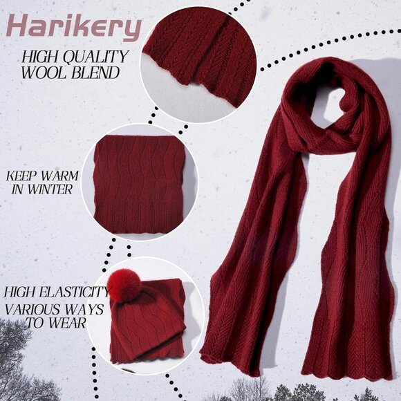 Women Hat Scarf Set Wool Blend Winter Beanie & Long Scarf Cold Weather Red - Picture 4 of 5